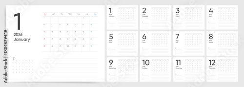 Vector 2026 Calendar, Big number 2026 calendar layout. Clean minimal wall diary planner with notes, mini preview and Sunday start.
