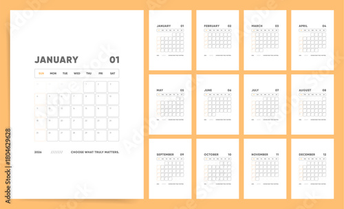 Office Calendar 2026. 2026 Calendar Template Minimal Orange Wall Planner with Sunday Start.
