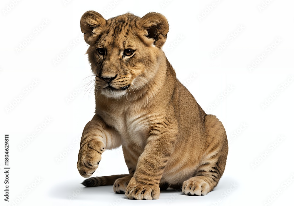Obraz premium Adorable lion cub sitting attentively, a captivating wildlife portrait perfect for children's books and conservation campaigns in a clean studio shot