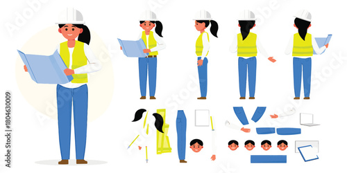 Female Construction Worker Illustrations in Various Poses and Actions
