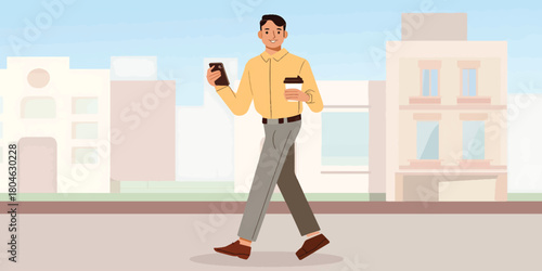 Man Walking with Coffee and Phone on a City Street