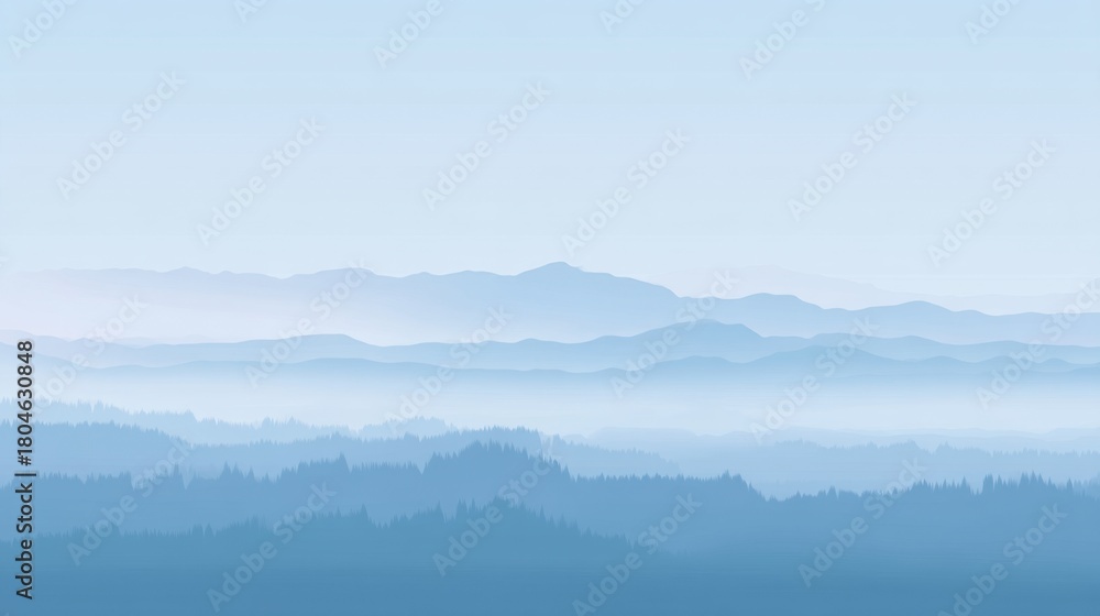 Fototapeta premium Serene Mountain Range with Soft Blue Hues and Layered Fog in a Tranquil Natural Landscape Surrounding Peaceful Atmosphere