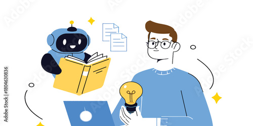 AI Learning and Development Robot Assistant Helping a Man Generate Ideas