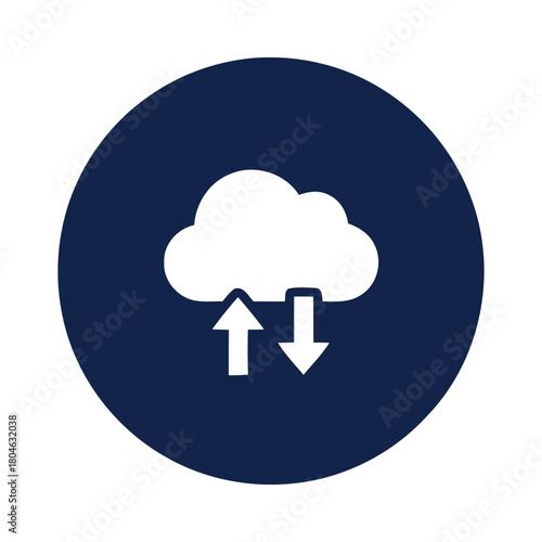 A white cloud icon with up and down arrows inside a dark blue circle