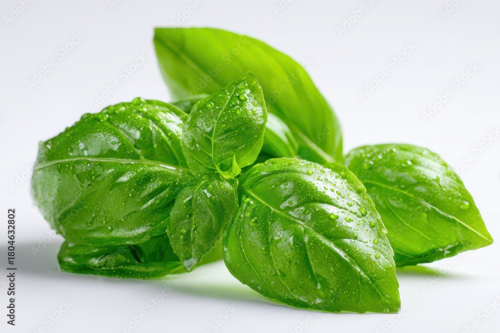 Fototapeta premium Close-up of vibrant fresh basil leaves on a pristine white background