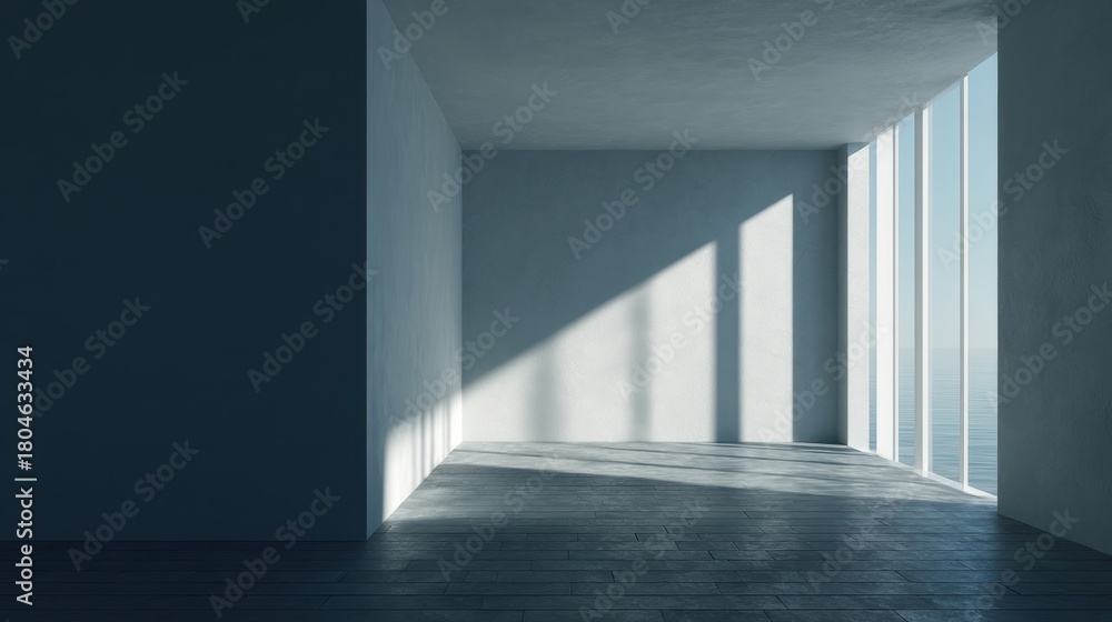 Obraz premium Spacious and Minimalist Interior Room with Large Windows Casting Shadows on the Floor, Ideal for Modern Architecture and Design Concepts