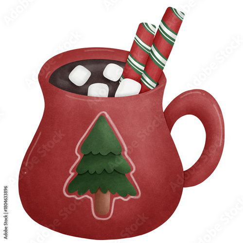 Watercolor red mug hot chocolate with marshmallows 