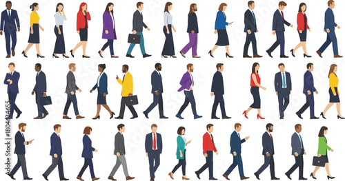 Large set of walking business people, diverse men and women commuters side view, cad drawing flat vector illustration collection