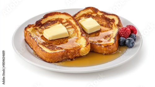Indulge in golden French toast with rich maple syrup and fresh berries for a delightful breakfast experience