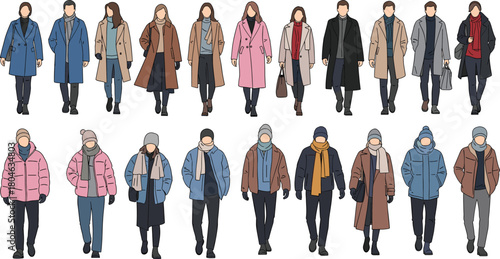 Large set of walking people in winter fashion, men and women wearing coats and jackets, cad drawing flat vector illustration collection
