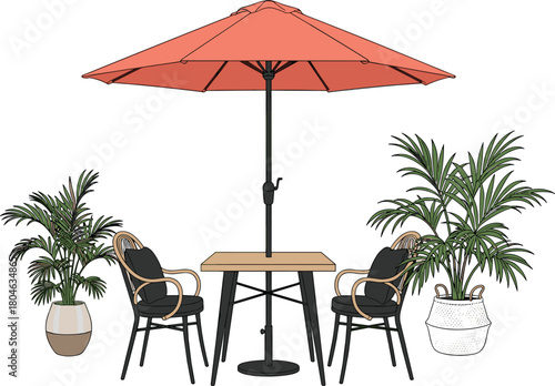 Outdoor garden furniture set with table chairs and red umbrella, patio dining area, cad drawing flat vector illustration