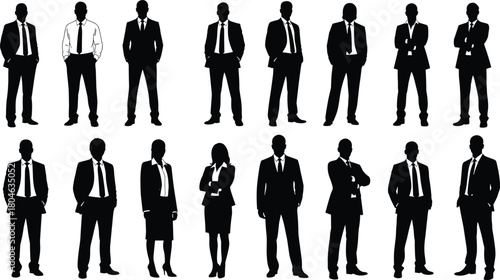 Set of business people silhouettes standing in formal suits, corporate men and women icons, cad drawing flat vector illustration collection