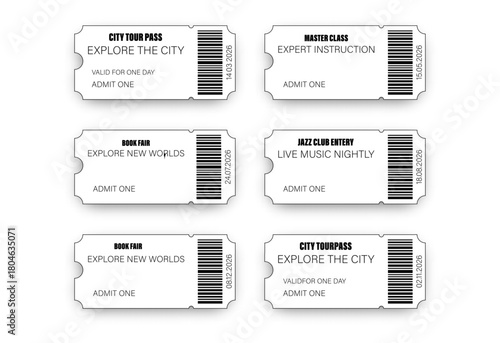 Collection of ready-made black and white ticket templates for various events with text, date, and barcode. Eps 10