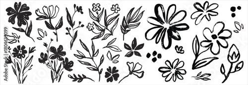 Hand drawn abstract floral doodles vector set. Vector simple flower, leaf ink stroke. Vector illustration