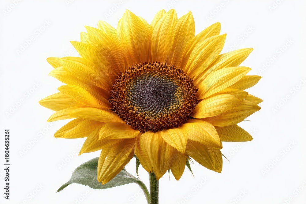 Fototapeta premium Close-up studio photograph of a mature sunflower bloom with vivid yellow petals and a dark center on a white background
