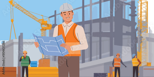 Construction engineer in a hard hat reviewing blueprints on a building site