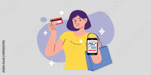 Happy woman with a smartphone and credit card enjoys online shopping