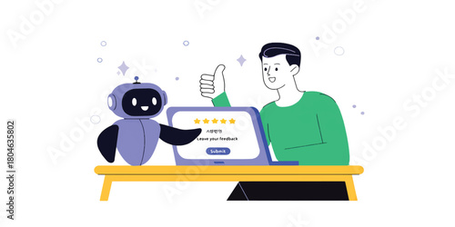 Man giving positive five-star feedback to an AI chatbot assistant for excellent customer service