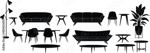 Set of modern living room furniture silhouettes, black sofa chair and table icons, cad drawing flat vector illustration
