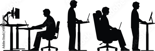 Set of office worker silhouettes sitting and standing at desks with computers, ergonomic workspace concept, cad drawing flat vector illustration