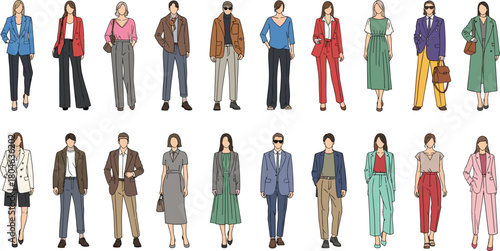 Set of trendy fashion illustrations men and women in stylish outfits, cad drawing flat vector illustration, collection isolated on white