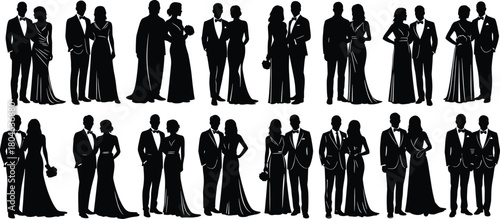 Set of wedding couple silhouettes, bride and groom in formal wear, black isolated icons, cad drawing flat vector illustration, elegant poses collection