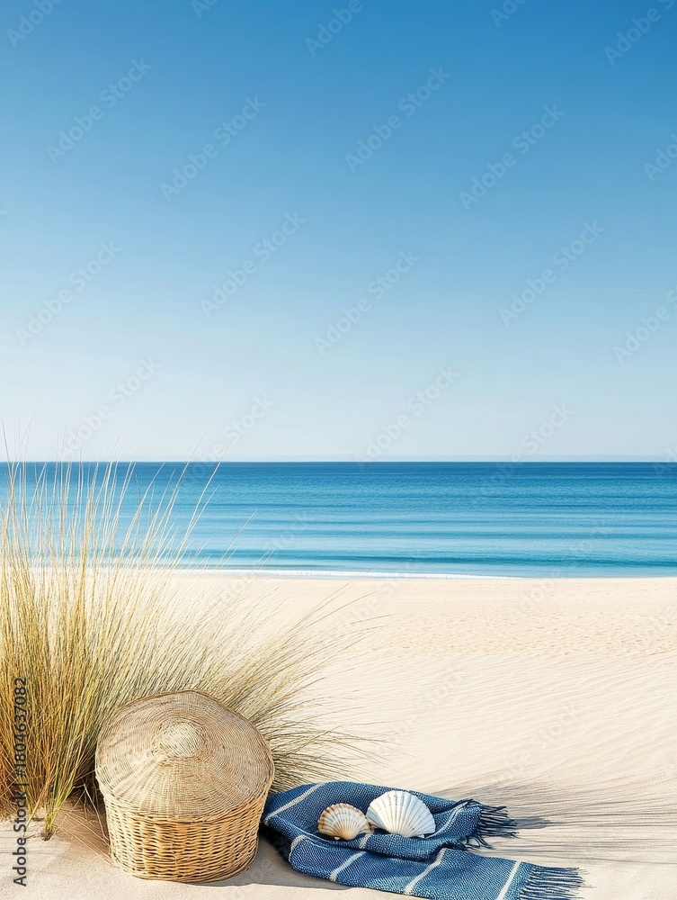 Obraz premium A tranquil beach scene with a basket, seashells, and a blanket, inviting relaxation and serenity