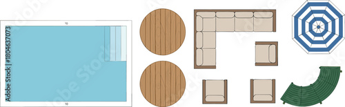 Top view set of outdoor patio furniture and swimming pool, landscape architecture plan elements, cad drawing flat vector illustration