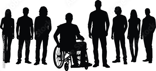 Silhouette group of friends standing together including man in wheelchair, diversity and inclusion concept, cad drawing flat vector illustration
