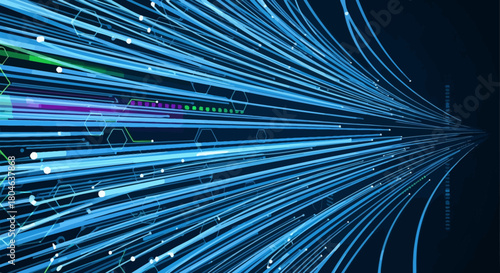 Abstract futuristic background with whisking blue light streams representing high-speed data transfer and digital network communication