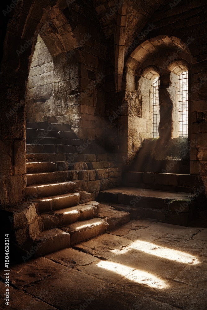Fototapeta premium Ancient stone staircase with sunlight streaming through arched windows