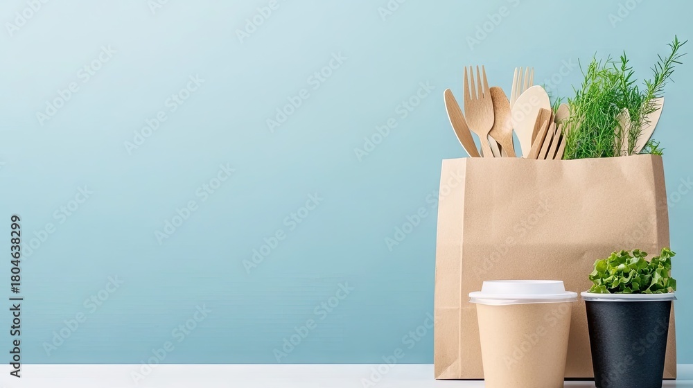 Obraz premium Eco-friendly food containers, cutlery, and a bag on a white table with a light blue wall, showcasing sustainable dining for take-out