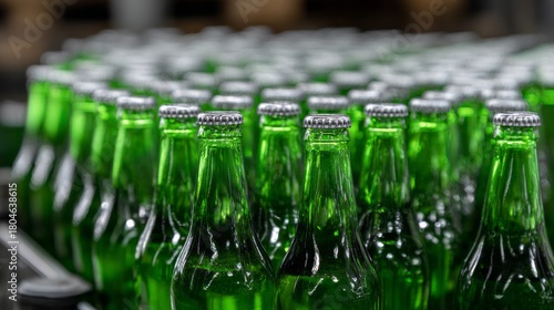 At a busy beer bottling plant, green bottles are neatly aligned on a conveyor belt, ready for filling. Workers efficiently oversee the production, ensuring quality control and swift operation