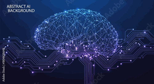 Conceptual illustration of an artificial intelligence brain with a glowing plexus neural network and digital circuitry