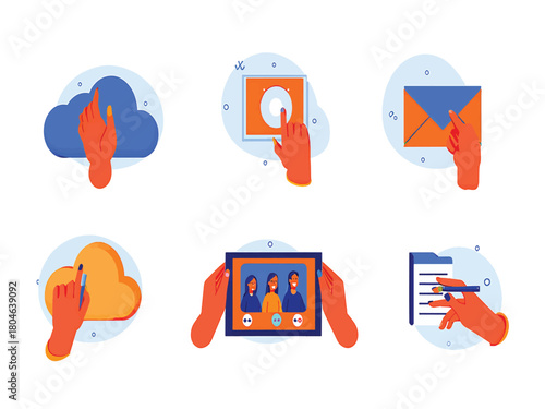 Set of vector icons showing hands engaged in digital communication and business activities