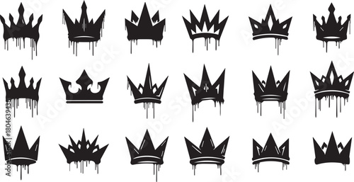 Black grunge drip crown vector icon set isolated on white background for graffiti and street art.
