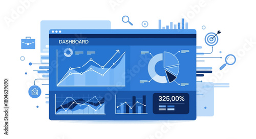 An analytical business dashboard interface featuring financial charts and statistical graphs for data visualization and performance reporting vector illustration