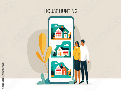 Happy couple searching for a new house online using a smartphone application