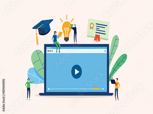 E-learning concept with people watching an online video course for graduation