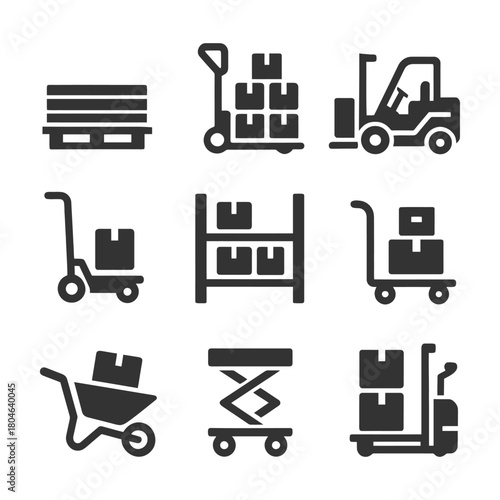 Warehouse icons: forklift, pallet jack, boxes, rack, cart, wheelbarrow, goods, storage, shipping.