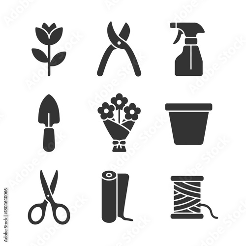 Gardening tools and plants icon set: pruners, spray bottle, flowers, pots, more.