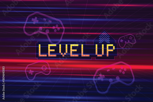 Level up icons, pixel art, 8-bit game, retro futuristic sci-fi background, glowing neon grid and stars from vintage arcade computer games.
