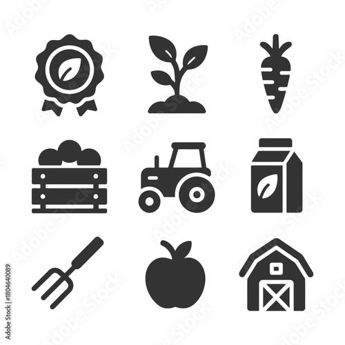 Set of farm-related icons including tractor and produce symbols.
