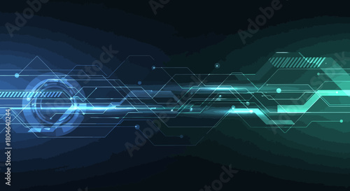 Abstract glowing digital technology background with blue and green data streams and circuit connections, illustrating futuristic innovation and network connectivity