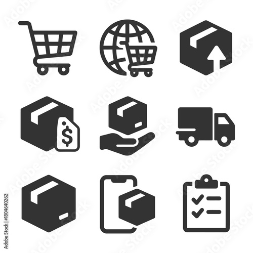 E-commerce and delivery icons set: shopping cart, global shipping, package handling.