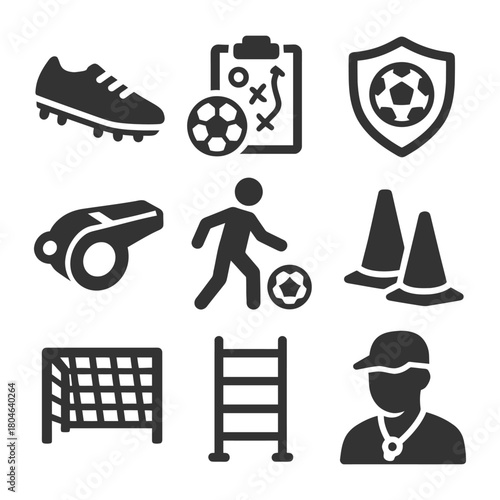Soccer training icons set featuring equipment and strategy elements.