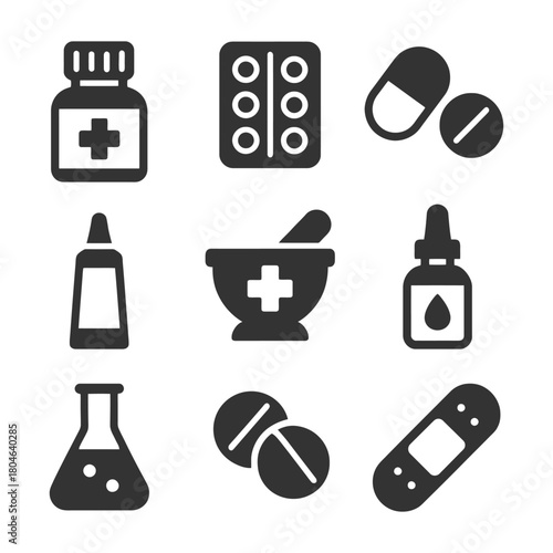 Medical icons collection: medicine, pills, mortar, dropper, bandage.