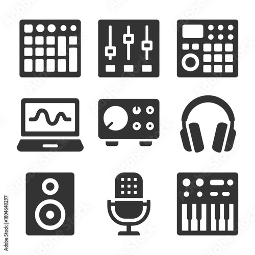 Icons of audio equipment: mixers, synthesizers, headphones, speakers, microphone, oscilloscope.
