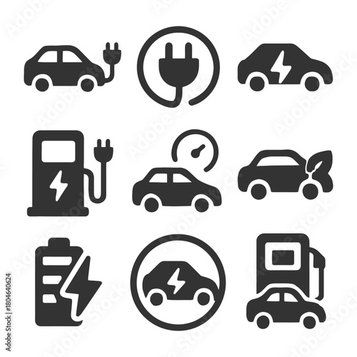 Electric vehicles and charging icons set - eco-friendly transport symbols.