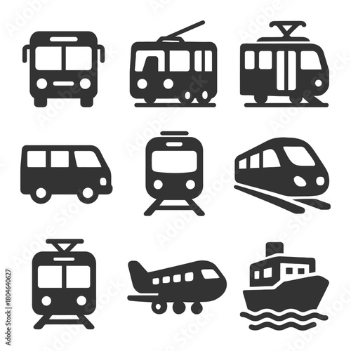 Public transportation icons set featuring bus, tram, train, plane, and boat graphics.